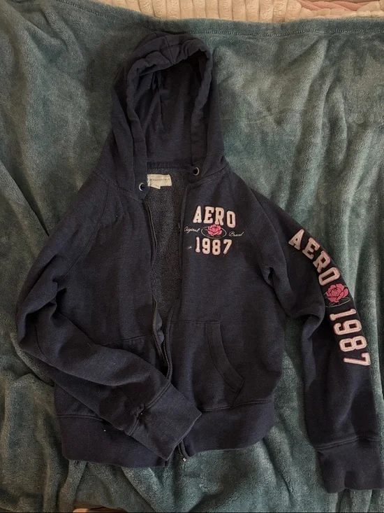 Aeropostale Navy Zip Hoodie with Pink Rose Accent - Picture 1 of 1